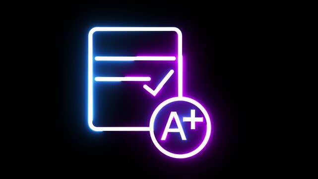 Glowing neon icon of checklist and grade A plus with smooth animation