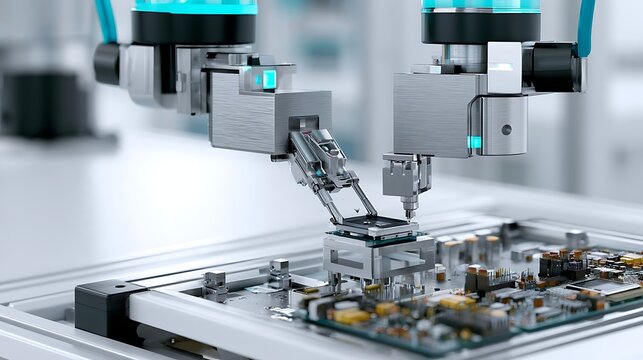 Macro commercial photograph of two precision robotic manipulators assembling a small unbranded electronic module inside a pristine manufacturing cell,