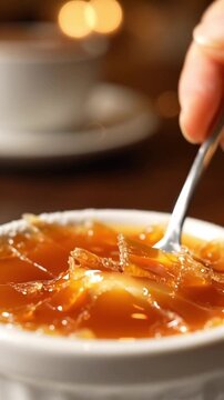 Metal spoon cracking the crispy caramelized sugar crust of vanilla creme brulee