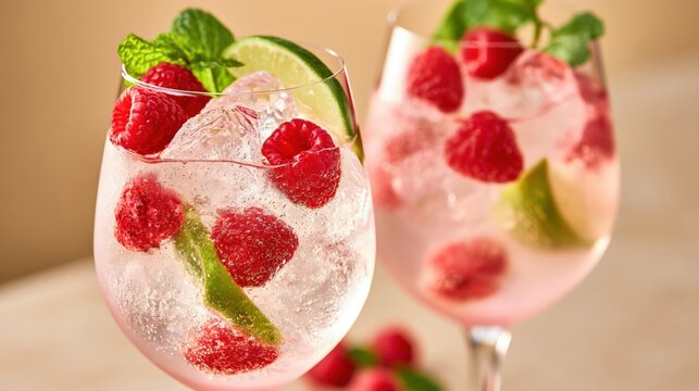 Refreshing beverages with raspberries, lime, and mint adorn glasses filled with ice.