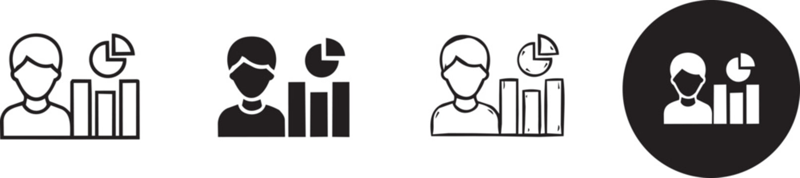 Customer analytics Icon Set  ,Set of business analyst icons featuring a person with pie and bar charts, individual icon set, individual icon