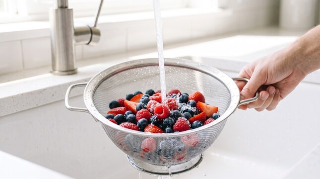 Fresh berries being rinsed in a minimalist metal colander, water droplets, bright and vibrant, high-key photography.