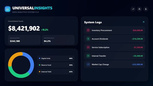Business financial dashboard analytics interface with data charts and logs fading in from black