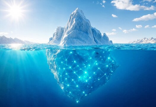 Partially submerged iceberg reveals an underwater digital network illuminated by blue light, symbolizing data connectivity, artificial intelligence, technology, innovation, and future infrastructure.