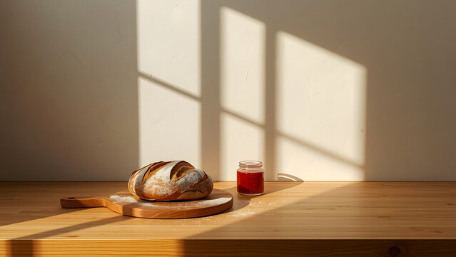 Fresh Baked Bread Loaf and Jam Jar on Wooden Table with Sunbeam