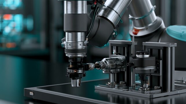 Photorealistic industrial robotic arm aligning its automatic tool coupling with a precision gripper mounted in a tool change rack