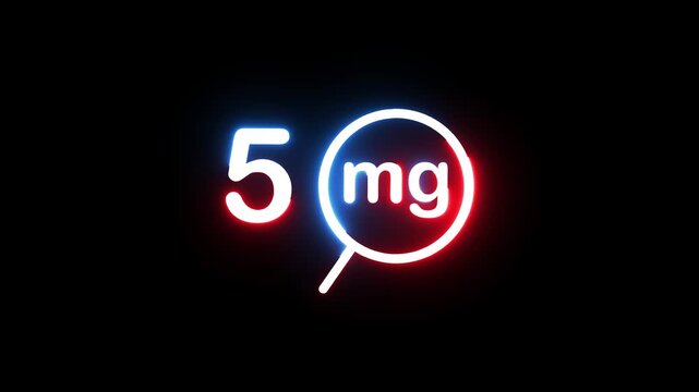 Neon 5 mg lettering with magnifying glass icon glowing in red and blue animation on black