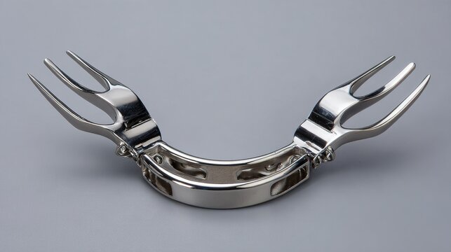 shortcoming. A stainless steel dental facebow isolated on a neutral background. STEM education sheets, lab safety posters, designed for biotech research communications, used by nutritionists.