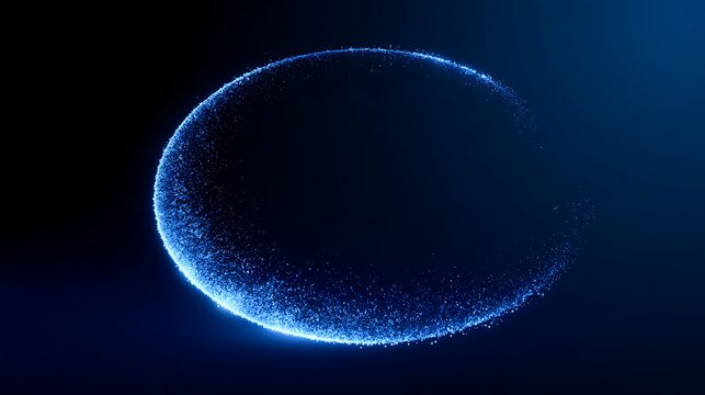futuristic broken particle ring, luminous blue circular arc with a large opening on the left side, dense glowing particles along the ring fading softly near the gap