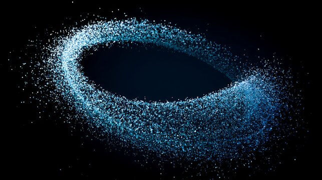 digital particle ring with a broken diagonal section, tiny cyan and blue particles shooting outward in a controlled diagonal burst,