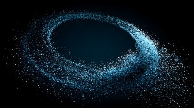 digital particle ring with a broken diagonal section, tiny cyan and blue particles shooting outward in a controlled diagonal burst,