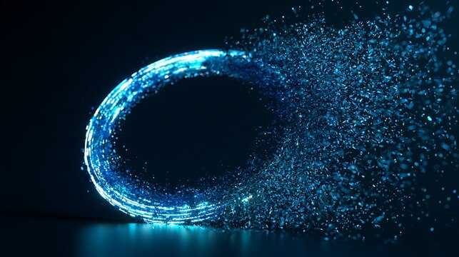 futuristic broken particle ring with one side exploding outward, circular blue and cyan light structure bursting into streams of tiny glowing particles on the right side,