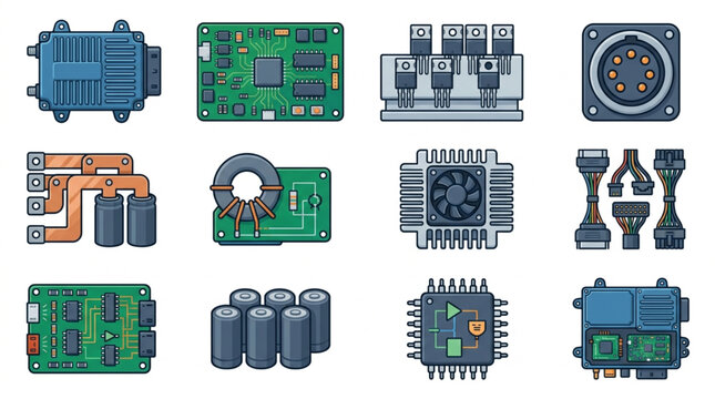 Industrial Showcasing Diverse Electronic Components and Circuit Boards in Green Black and Gray with high quality professional line art symbols for modern creative design and digital branding projects