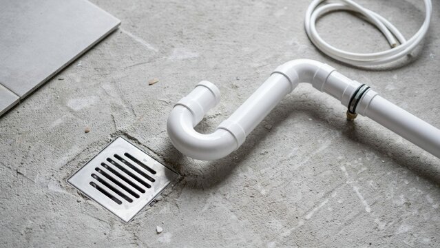 White plastic trap pipe laying on concrete floor next to metal drain grid during interior bathroom plumbing installation.