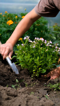 Gardener digging soil beside blooming catnip with a hand trowel, preparing space for careful new growth