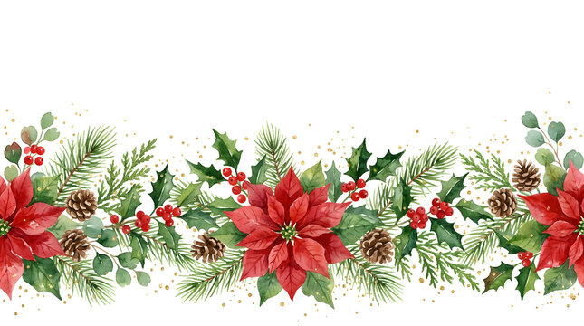 Watercolor Christmas garland border with red poinsettia and pine branches on a white background
