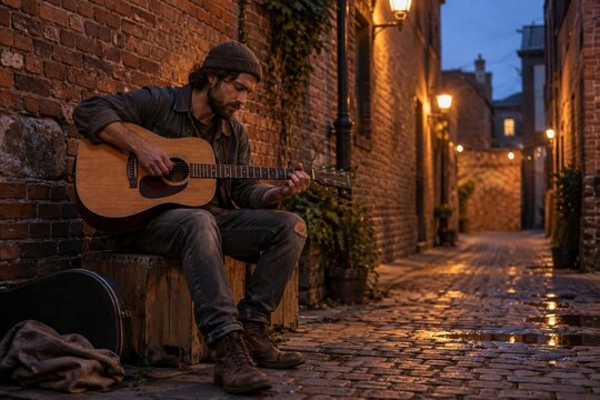 Street Musician Playing Acoustic Guitar in a Cobblestone Alley at Dusk