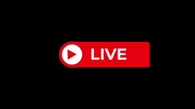 Red and white live streaming button with play and broadcasting signal