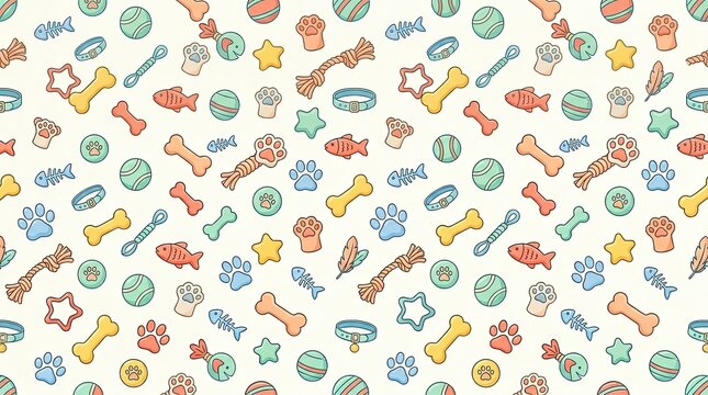 A cheerful, playful pattern features a variety of dog-related items. The background is white, and the pattern is filled with illustrations of dog bones, fish, balls, paw prints, and collars.