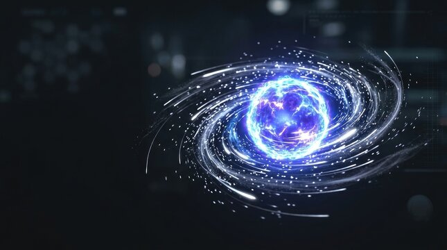 A vibrant, swirling galaxy core emits intense blue light, surrounded by streams of energy. The core is positioned against a dark, blurred background of digital data and futuristic structures.