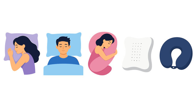 Sleeping position vector illustrations, comfortable pillow set, healthy sleep habits and orthopedic posture icons for medical and graphic design