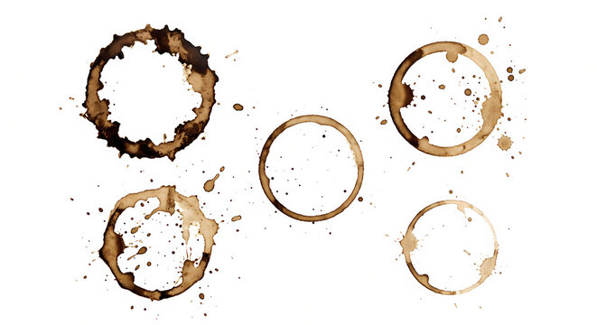 Coffee cup rings and mug stain splashes isolated on a white background 