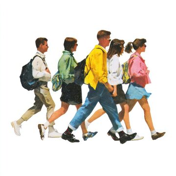 Retro students walking in vibrant clothing illustration.