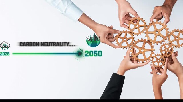 Hands join together with gears symbolizing a united approach toward achieving carbon neutrality from 2026 to 2050, highlighting the urgency for collaboration in sustainability. Raster
