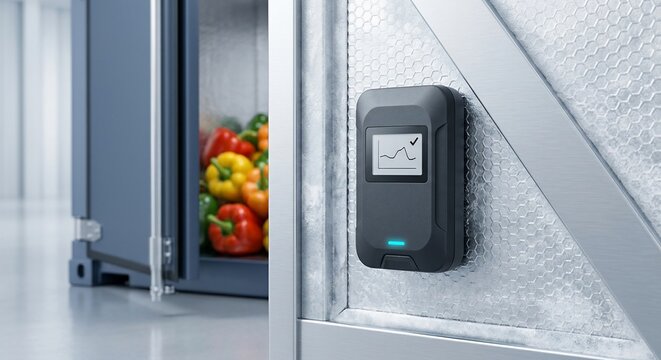 Digital data logger on refrigerated container door with fresh peppers