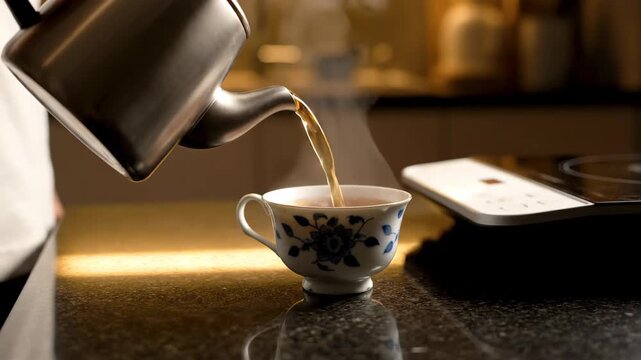 The picture of a teapot pouring tea into a blue and white porcelain cup, the teapot pouring tea into the blue and white porcelain