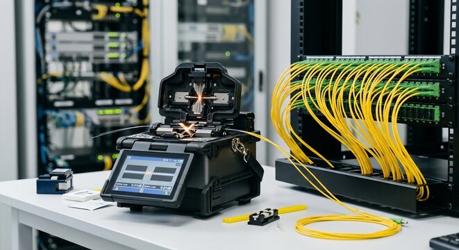 Fiber optic fusion splicer machine welding cables on a white table in a server room