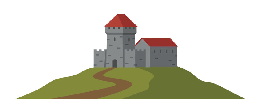 Medieval Castle Fortress Isolated on Green Hill with Winding Path
