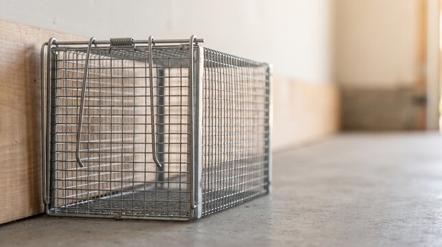 Metal live animal cage trap resting on a concrete floor indoors