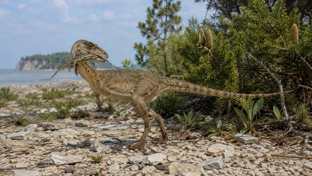 Small Theropod Dinosaur Holding a Captured Lizard on a Rocky Shoreline