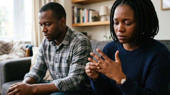 A Black man and a Black woman sit closely on a couch, appearing distressed. The man gestures with his hand while the woman holds her hand to her mouth, expressing sadness and concern.
