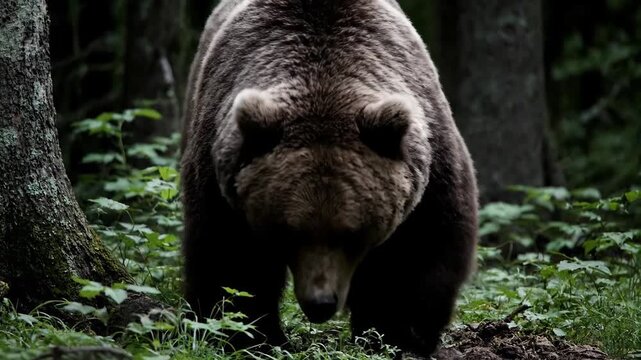 Close-up of a brown bear in the forest, close-up of a forest brown bear roaring