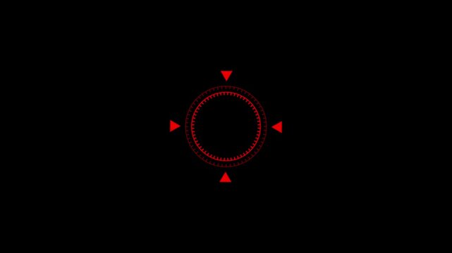 Minimalist abstract circular dial graphic with tick marks and four black pointer triangles on white background. Tech loading indicator, control knob dashboard UI element loop
