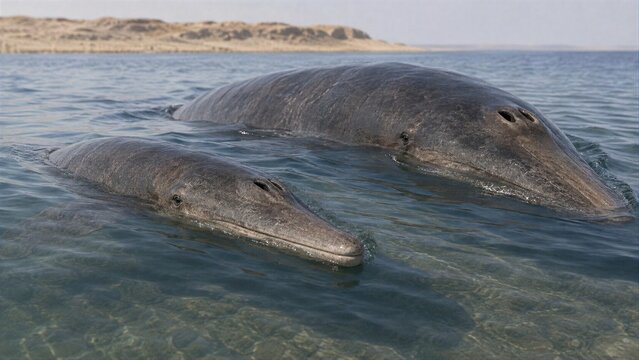Prehistoric Marine Mammals Swimming In Shallow Coastal Waters