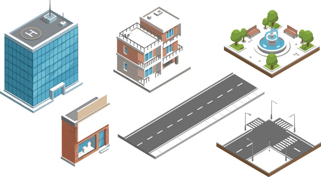 Modern isometric city buildings vector map creator kit featuring skyscrapers houses road crossroads and park fountain