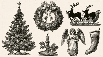 Obraz premium A hand drawn collection of Christmas items including a tree, wreath, sleigh, candle, angel, and stocking, all styled in Victorian fashion.