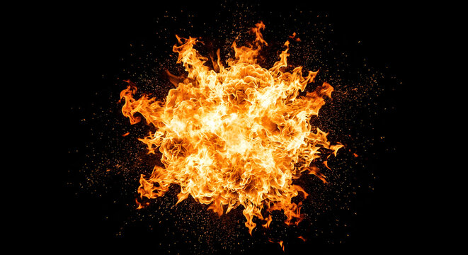 Abstract 3D blazing fire explosion and flame burst on a dark background