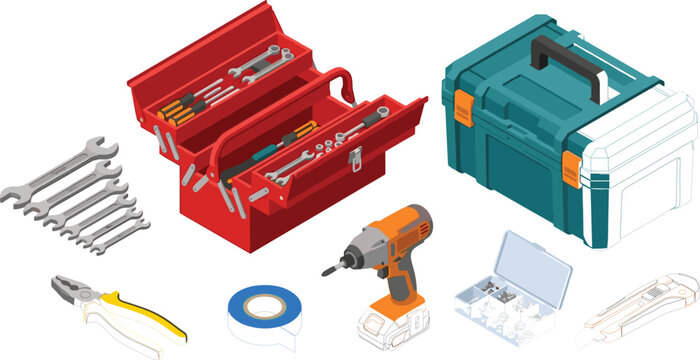 Professional Tool Box and Hand Tools Set with Wrenches, Screwdrivers, Drill, Pliers, Tape, Hardware Kit, and Repair Equipment
