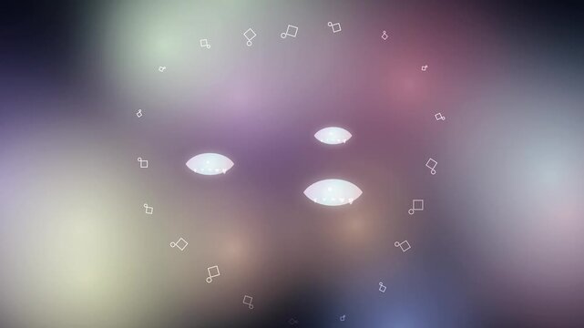 Abstract circular arrangement of glowing geometric symbols and light orbs