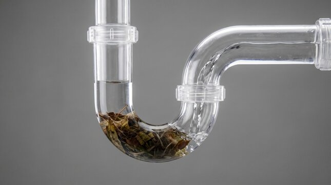 Transparent p-trap pipe under sink blocked with debris and sludge