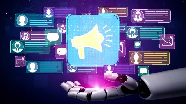 Futuristic robotic hand presenting digital communication icons with megaphone symbolizing engagement and interaction in a virtual workspace environment. Entropy.