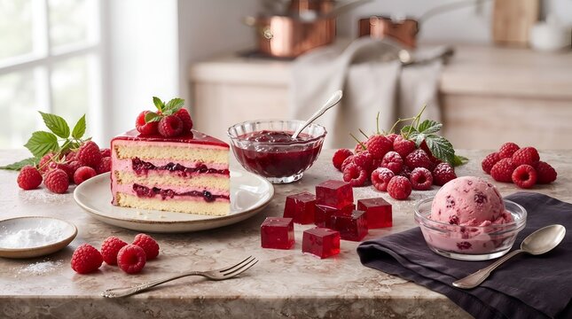 Raspberry Dessert Feast: Layer Cake Slice, Fresh Ice Cream, Jelly, and Berries Table Setup
