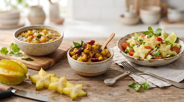 Star Fruit Culinary Delights: Fresh Carambola Salad, Sweet Chutney, Curry, and Ripe Slices
