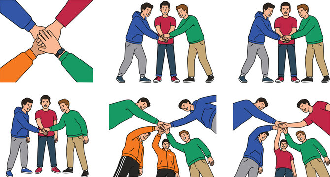 Teamwork and Unity Character Set with Friends Stacking Hands Together Showing Success Motivation Agreement Support and Community Flat Vector Graphic Illustration