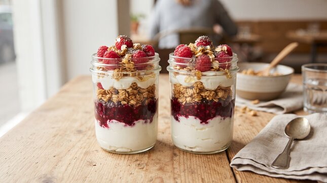 Healthy yogurt parfaits with berries and granola on a rustic wooden table