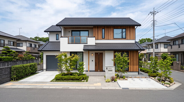 庭と木目外壁が印象的な現代的な日本の二階建て住宅